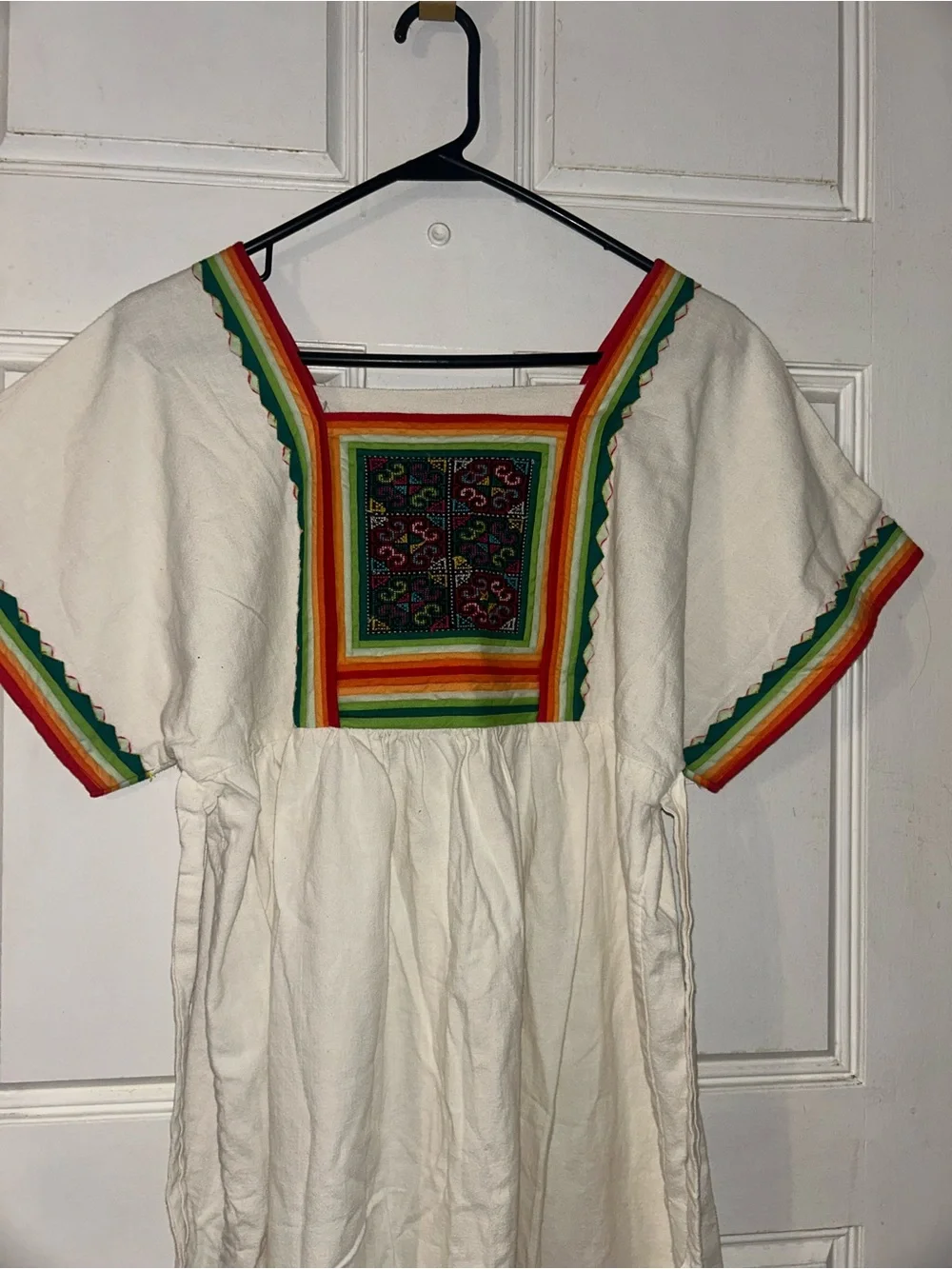 White Embroidered Mexican-Style Girls' Dress with Rainbow Trim